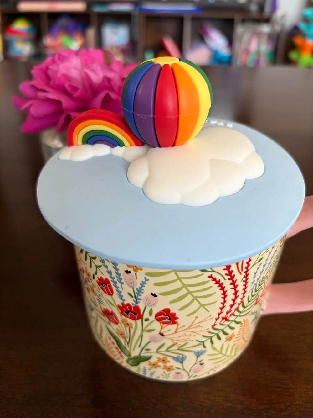 Starbucks Pastel Blue Floral Mug with Rainbow Silicone Topper